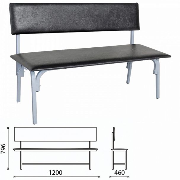 Банкетка со спинкой "Астрид", 1200х470х796 мм, серый каркас, кожзам черный - Вид 1