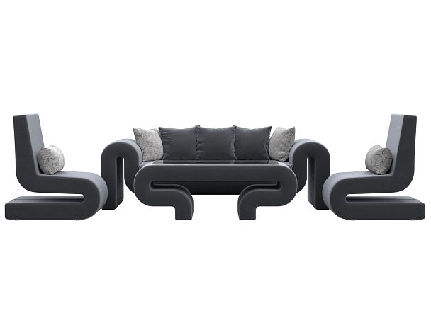 Волна набор 2 - диван, стол, 2 кресла (полностью велюр серый) - Вид 2