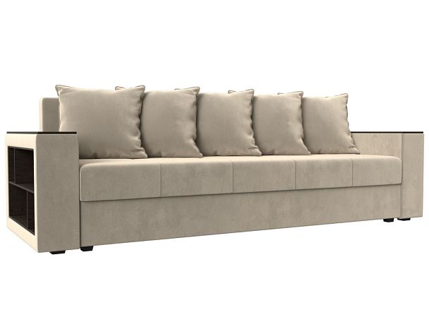 Диван прямой Дубай Лайт полки слева (полностью микровельвет бежевый) - Вид 1