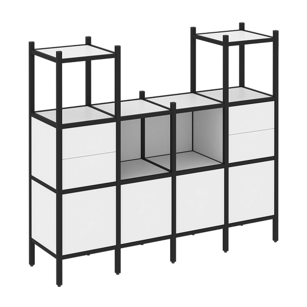 Loft Прямой стеллаж наборный VR.L-14 Белый бриллиант/Чёрный металл 1694*446*1458 - Вид 1