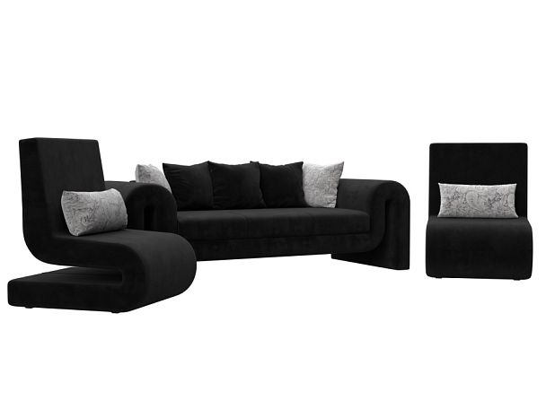 Волна набор 1 - диван, 2 кресла (полностью велюр черный) - Вид 1