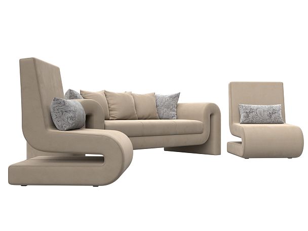 Волна набор 1 - диван, 2 кресла (полностью велюр бежевый) - Вид 3