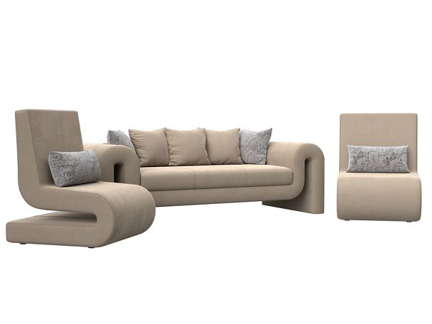 Волна набор 1 - диван, 2 кресла (полностью велюр бежевый) - Вид 1