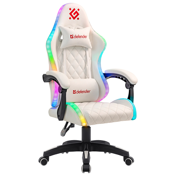 Кресло компьютерное DEFENDER "Energy", 2 подушки, RGB-подсветка, экокожа, белое, 64557 - Вид 1