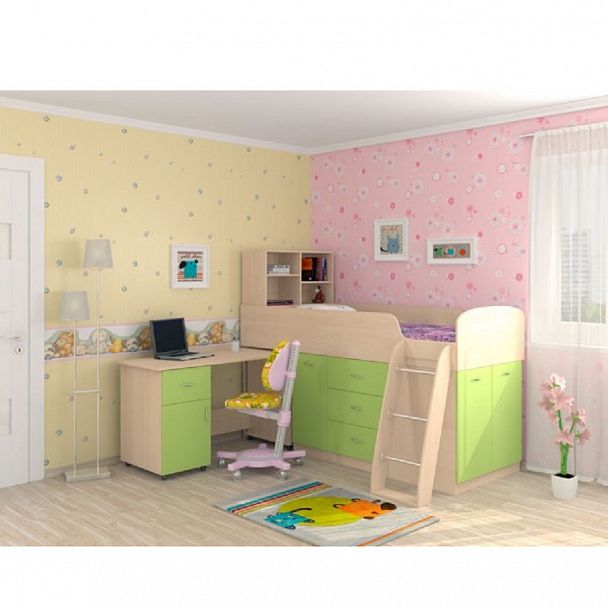 Кровать-чердак "Дюймовочка-1" дуб/салатовый - Вид 1