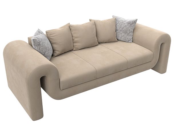 Прямой диван Волна (полностью велюр бежевый, подушки 3 велюр бежевый, 2 велюр серый с узором) - Вид 5