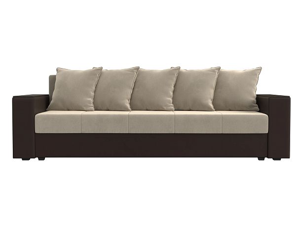 Диван прямой Дубай Лайт полки слева (основа микровельвет бежевый, компаньон экокожа коричневая) - Вид 2