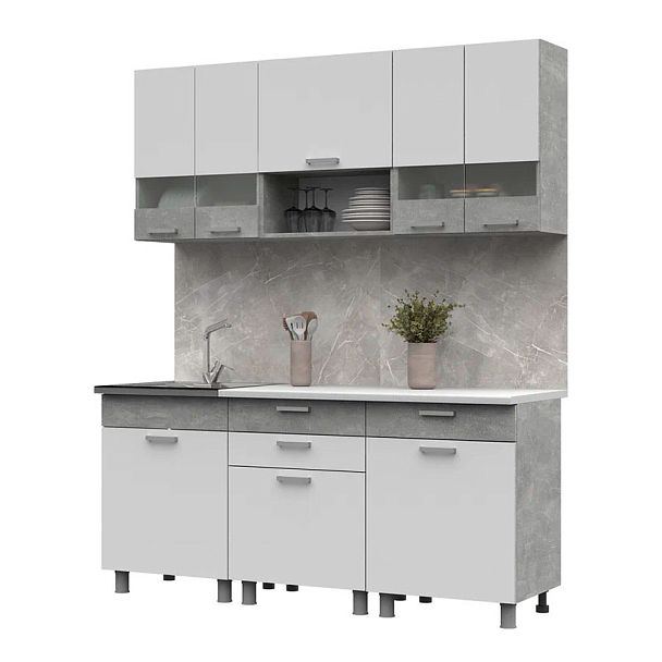 Кухня Денвер 1,8 Фасад БЕЛЫЙ/Корпус АТЕЛЬЕ СВЕТЛОЕ - Вид 1