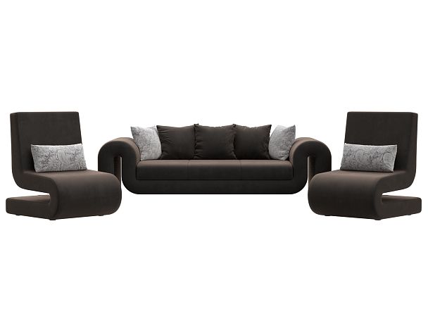 Волна набор 1 - диван, 2 кресла (полностью велюр коричневый) - Вид 2