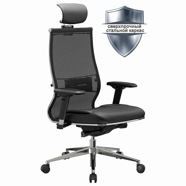 Кресло офисное МЕТТА "SAMURAI" S-3.05, с подголовником, сверхпрочная ткань-сетка, черное - Вид 1