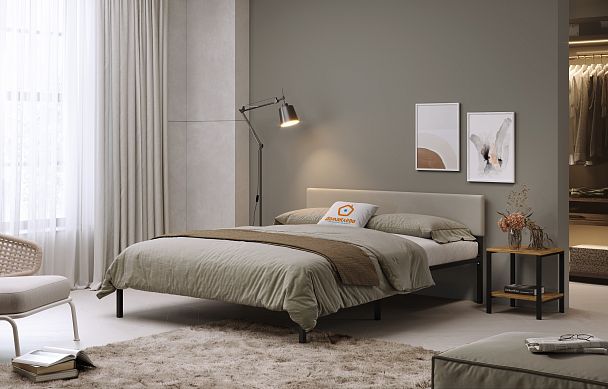 Кровать  металлическая Лофт КОМПАКТ с мягкой спинкой 1600*2000, цвет кровати черный, мягкая спинка светлая - Вид 4