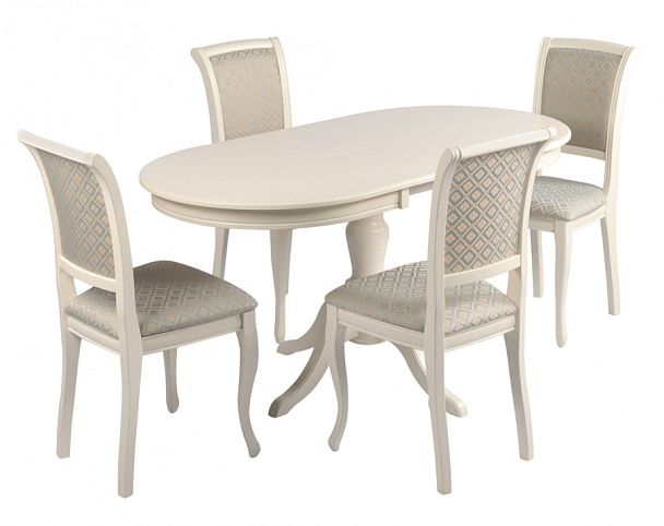 Обеденная группа стол Анфея 110(150)х75х76 Слоновая кость и 4 стула Арктос Слоновая кость/Бирюзовый жаккард - Вид 1