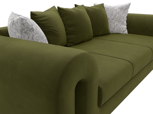 Прямой диван Волна (полностью микровельвет зеленый, подушки 3 микровельвет зеленый, 2 велюр серый с узором) - Вид 4