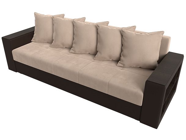 Диван прямой Дубай Лайт полки справа (основа велюр бежевый, компаньон экокожа коричневая) - Вид 5