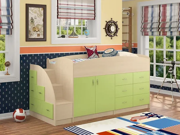 Кровать-чердак "Дюймовочка-4" дуб/салатовый - Вид 1