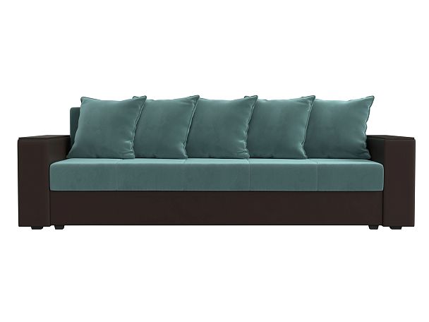 Диван прямой Дубай Лайт полки слева (основа Велюр Бирюзовый, компаньон экокожа коричневая) - Вид 2