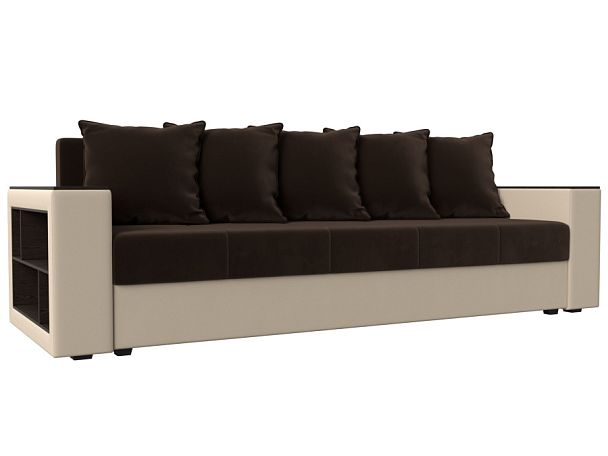 Диван прямой Дубай Лайт полки слева (основа микровельвет коричневый, компаньон экокожа бежевая) - Вид 1