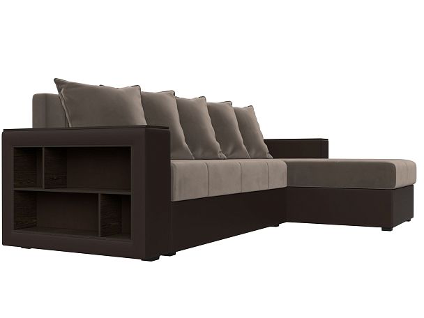 Диван угловой Дубай Лайт угол правый (основа велюр коричневый, компаньон экокожа коричневая) - Вид 3