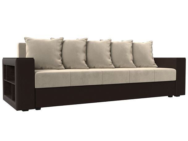 Диван прямой Дубай Лайт полки слева (основа микровельвет бежевый, компаньон экокожа коричневая) - Вид 1