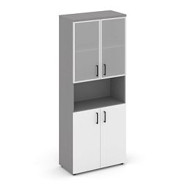 Стайл Проджект Шкаф высокий широкий (2 низких фасада ЛДСП + 2 низких фасада стекло сатин в раме) SN. - Фото предпросмотра