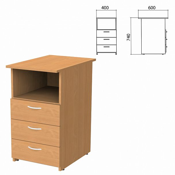 Тумба приставная "Бюджет", 400х600х740 мм, 3 ящика, полка, груша ароза, 402657-336 - Вид 2