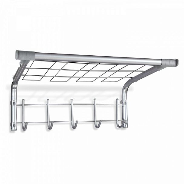 Вешалка настенная SHT-WH7, 297х705х407 мм, 5 крючков + 2 дополнительных крючка + полка, металл/пластик, хром лак - Вид 1