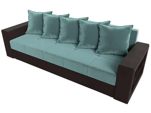 Диван прямой Дубай Лайт полки справа (основа Велюр Бирюзовый, компаньон экокожа коричневая) - Вид 5