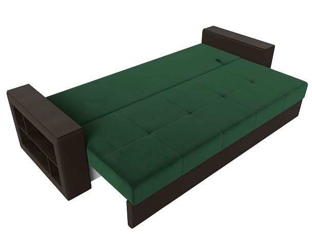 Диван прямой Дубай Лайт полки слева (основа велюр зеленый, компаньон экокожа коричневая) - Вид 8