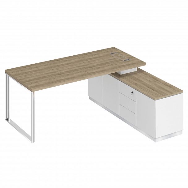 Стол руководителя на опорной тумбе (левый/правый) "Bravo" БР 102 дуб гладстоун светлый/белый премиум/белый премиум - Вид 1