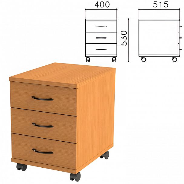 Тумба подкатная "Фея", 400х515х530 мм, 3 ящика, цвет орех милан, ТФ08.5 - Вид 2