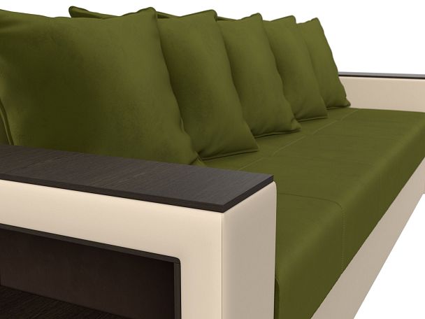 Диван прямой Дубай Лайт полки слева (основа микровельвет зеленый, компаньон экокожа бежевая) - Вид 4