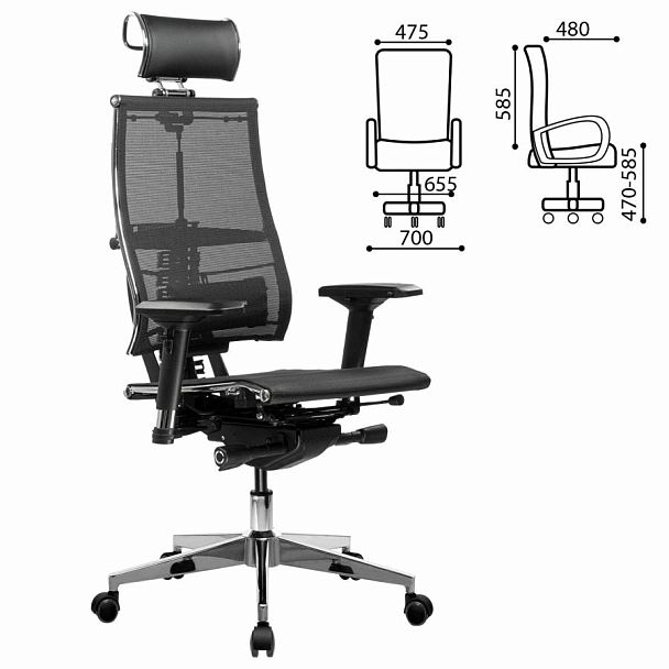 Кресло МЕТТА "YOGA" Y 4DF B2-5D, адаптивная спинка, 3D-подголовник, сверхпрочная сетка, черное - Вид 3