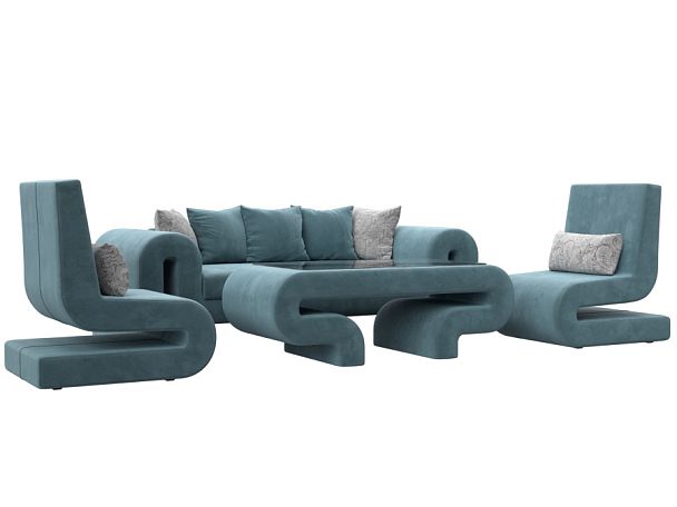 Волна набор 2 - диван, стол, 2 кресла (полностью велюр бирюзовый) - Вид 1