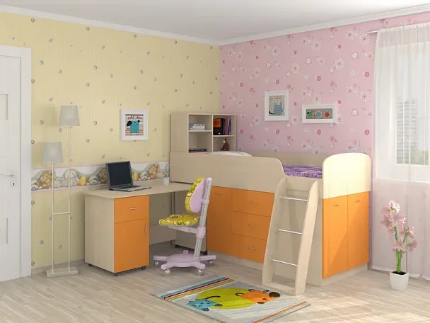 Кровать-чердак "Дюймовочка-1" дуб/оранжевый - Вид 1