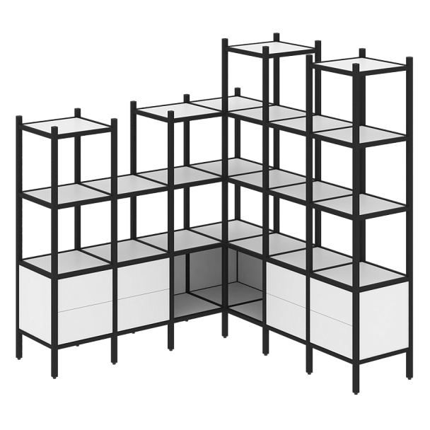 Loft Угловой внутренний стеллаж наборный VR.L-41 Белый бриллиант/Чёрный металл 1694*1694*1869 - Вид 1