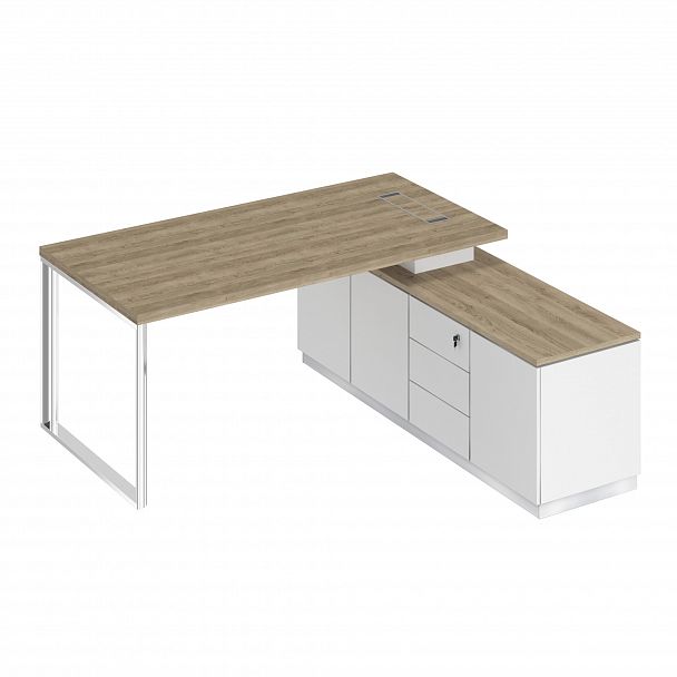 Стол руководителя на опорной тумбе (левый/правый) "Bravo" БР 101 дуб гладстоун светлый/белый премиум/белый премиум - Вид 1