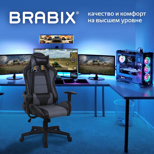 Кресло компьютерное BRABIX "GT Racer GM-100", две подушки, экокожа, черное/серое, 531926 - Вид 3