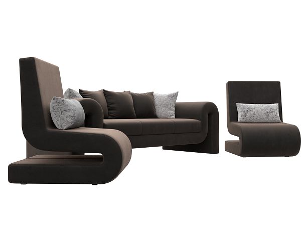 Волна набор 1 - диван, 2 кресла (полностью велюр коричневый) - Вид 3