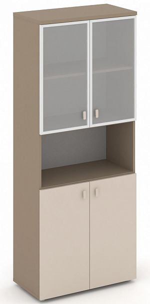 Шкаф высокий широкий (2 низких фасада ЛДСП + 2 низких фасада стекло Лакобель IVORY / UMBRAв раме) "ESTETICA" ES.ST-1.4R Капучино - Вид 1