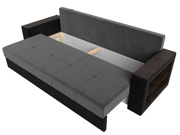Диван прямой Дубай Лайт полки справа (основа велюр серый, компаньон экокожа черная) - Вид 7