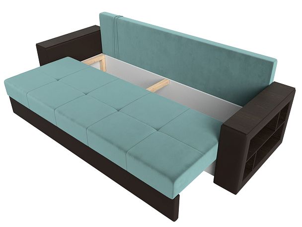 Диван прямой Дубай Лайт полки справа (основа Велюр Бирюзовый, компаньон экокожа коричневая) - Вид 7