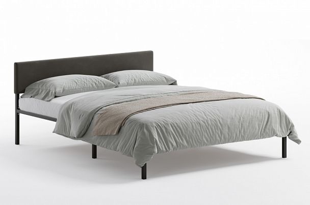 Кровать  металлическая Лофт КОМПАКТ с мягкой спинкой 1800*2000, цвет кровати черный, мягкая спинка темная - Вид 1