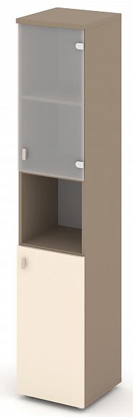 Шкаф высокий узкий (1 низкий фасад ЛДСП + 1 низкий фасад стекло сатин матовый) "ESTETICA" ES.SU-1.4 Сатин/Сатин матовый - Вид 2