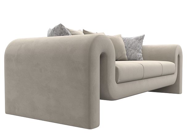 Прямой диван Волна (полностью микровельвет бежевый, подушки 3 микровельвет бежевый, 2 велюр серый с узором) - Вид 3