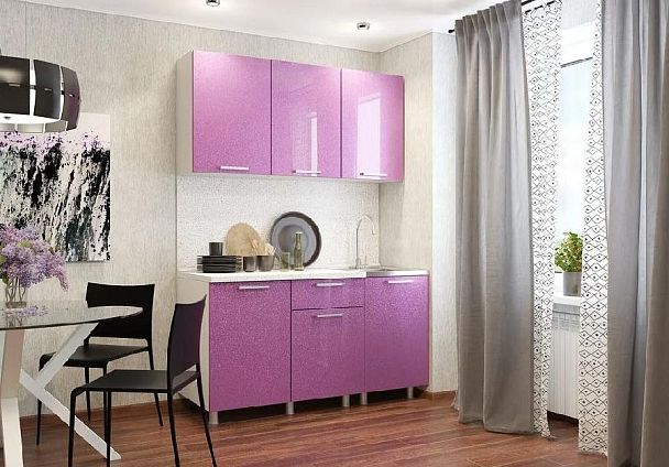 Кухня 1,5м белый глянец/блёстки сирень - Вид 1