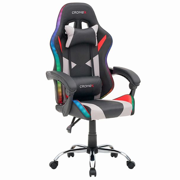 Кресло компьютерное CROMEX "Quantum GM-155 RGB", подсветка, две подушки, экокожа, черное/красное/серое, 532955 - Вид 1