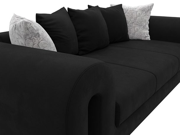 Прямой диван Волна (полностью микровельвет черный, подушки 3 микровельвет черный, 2 велюр серый с узором) - Вид 4