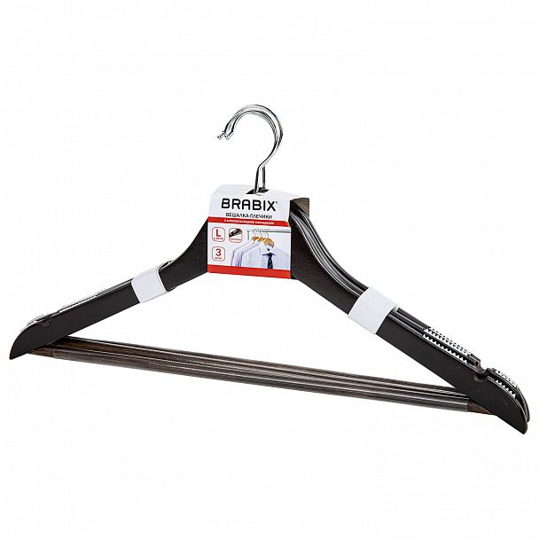 Вешалки-плечики с антикользящими накладками, КОМПЛЕКТ 3 штуки, размер 48-50, дерево, BRABIX, 607476 - Вид 2