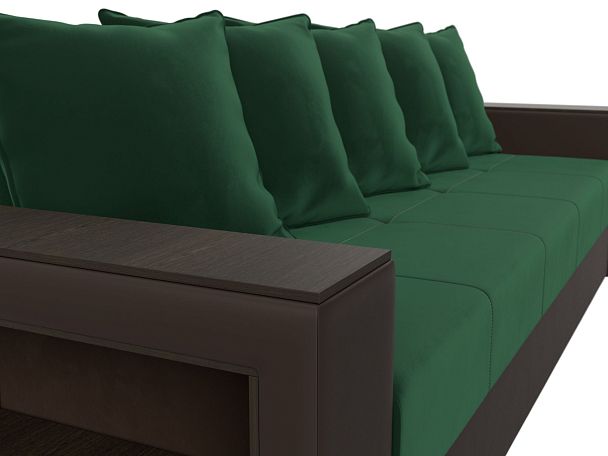 Диван прямой Дубай Лайт полки слева (основа велюр зеленый, компаньон экокожа коричневая) - Вид 4