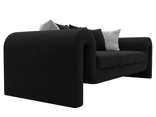 Прямой диван Волна (полностью микровельвет черный, подушки 3 микровельвет черный, 2 велюр серый с узором) - Вид 3